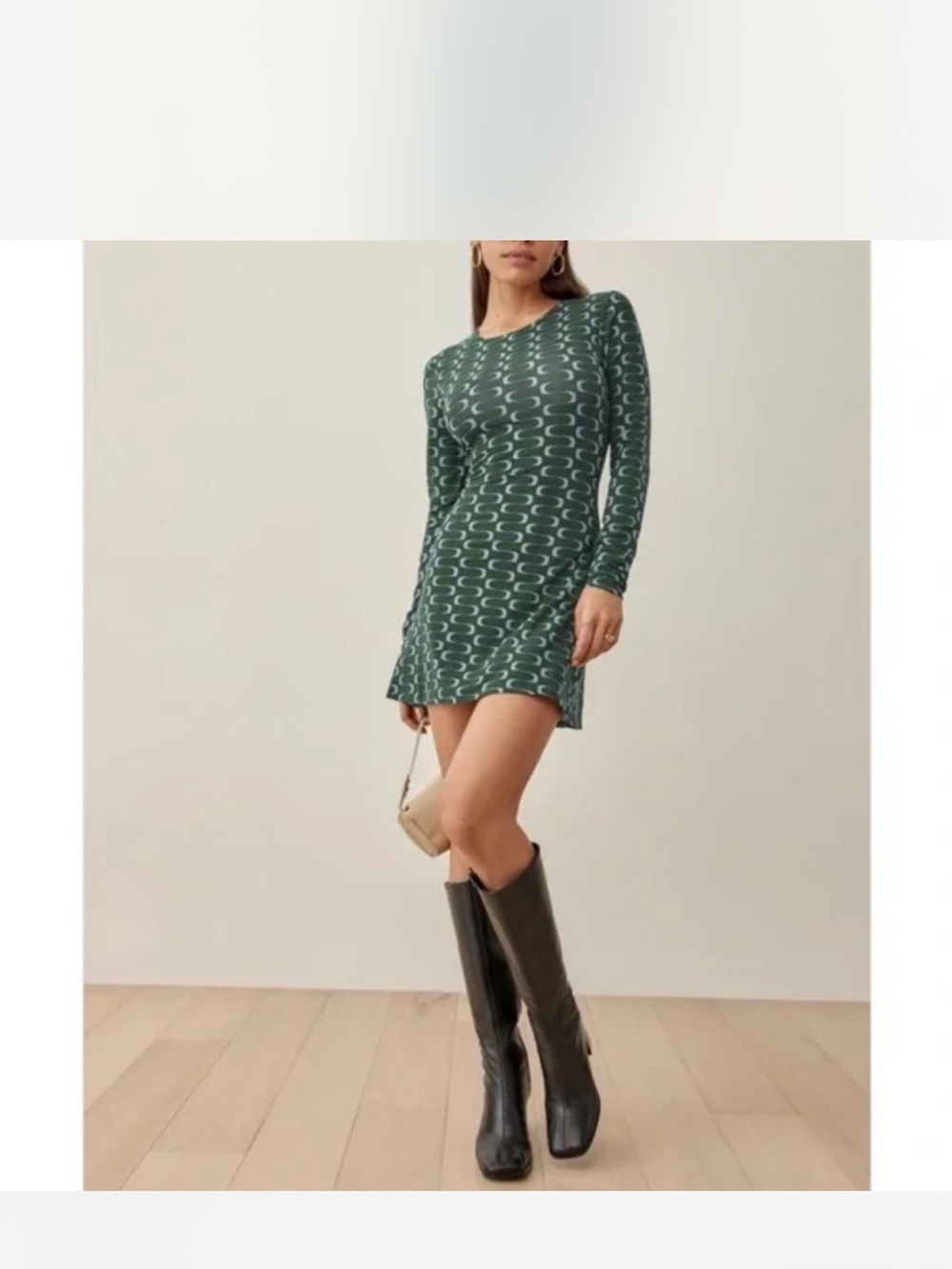 Reformation kenmare Green Wave-Print Long-Sleeve Mini Dress
